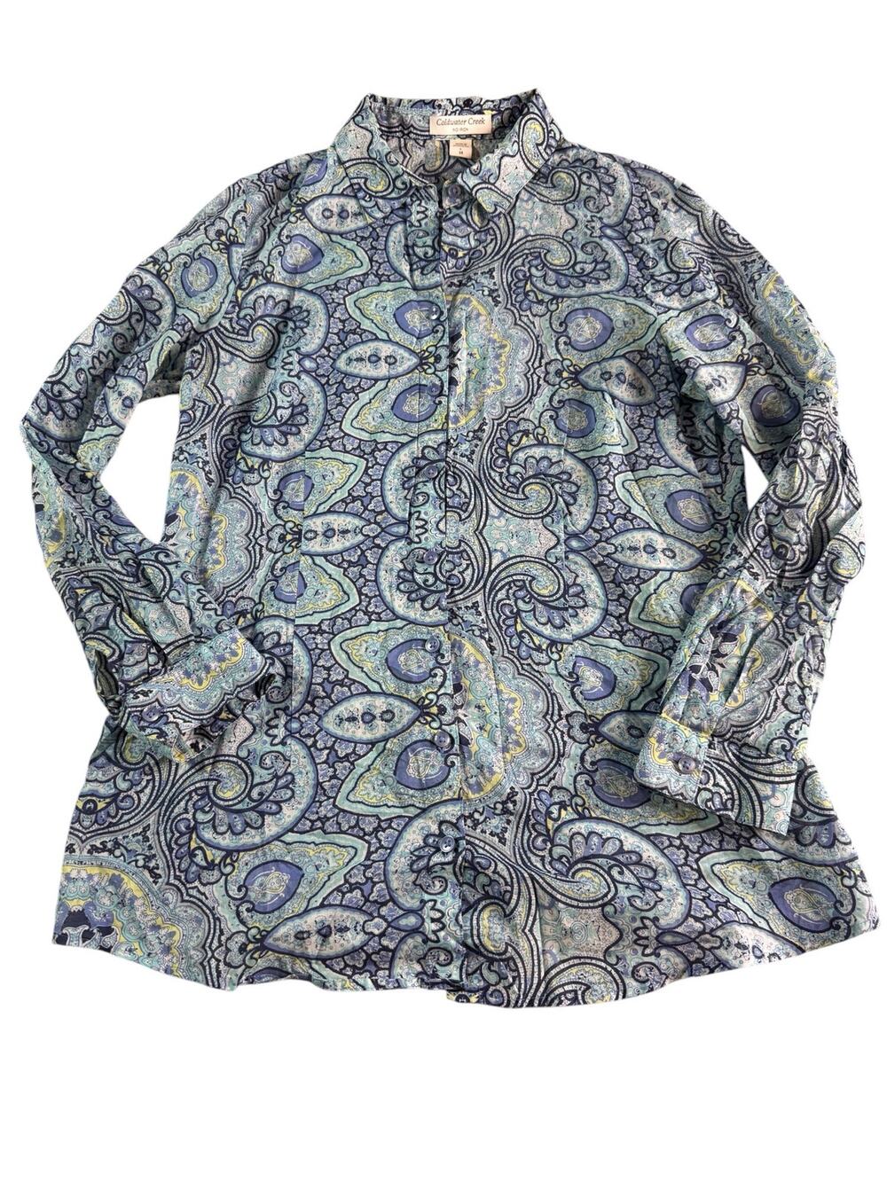 Coldwater Creek No Iron Shirt Large 14 Blue Paisley 100% Cotton Button Up Blouse